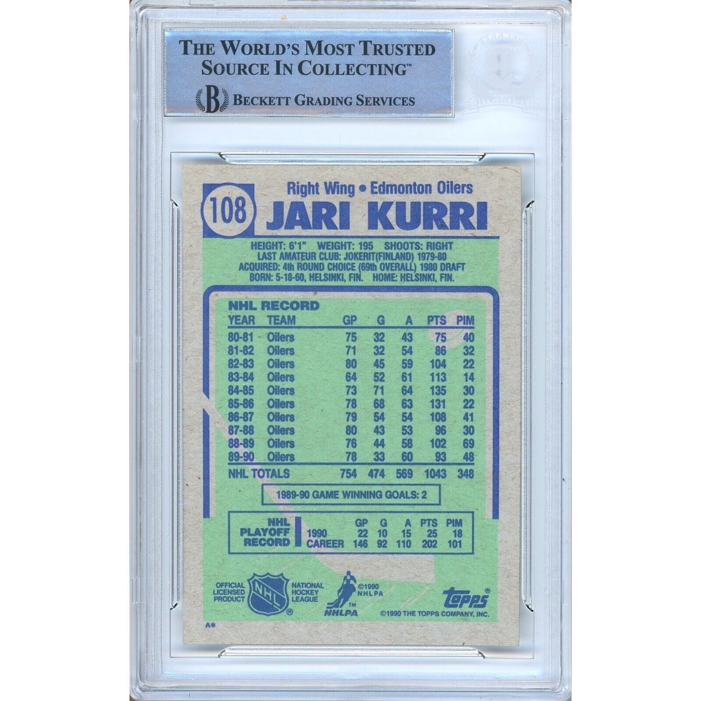 1990-91 Topps #108 — Jari Kurri Edmonton Oilers Autographed Trading Card — Beckett Authentication
