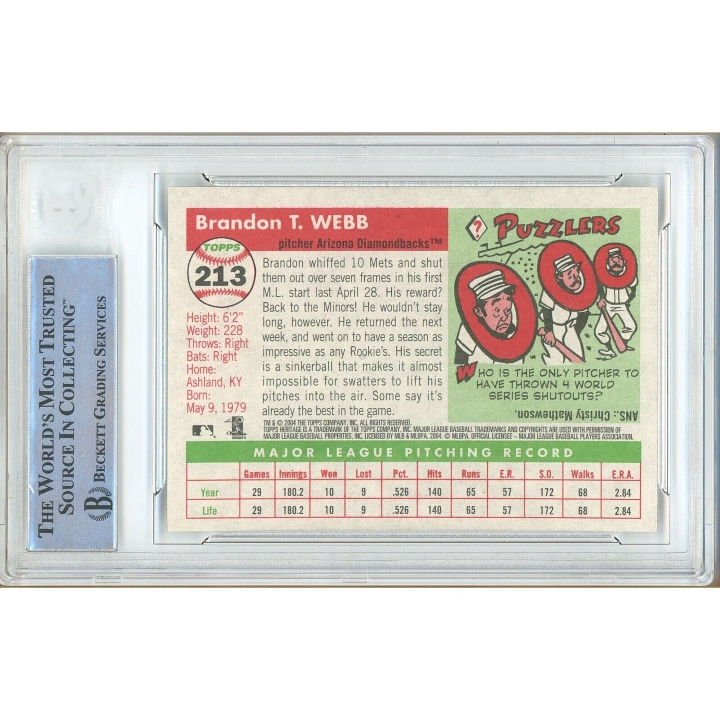 2004 Topps #213 — Brandon Webb AZ Diamondbacks Autographed Trading Card — Beckett Authentication