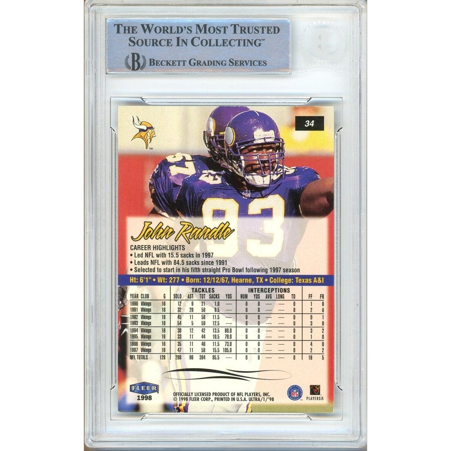 1998 Fleer Ultra #34 — John Randle Minnesota Vikings Autographed Trading Card — Beckett Authentication