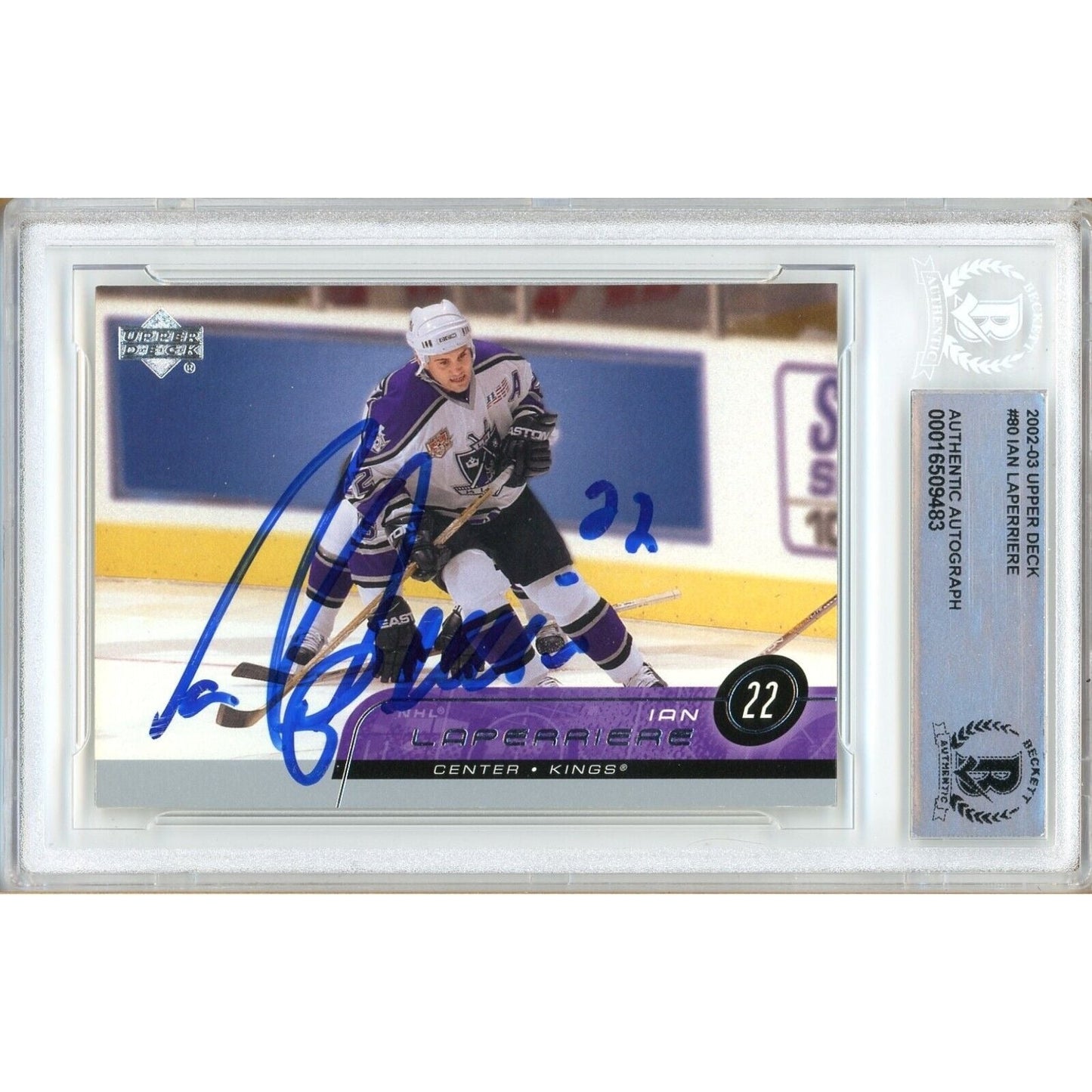 2002-03 Upper Deck #80 — Ian Laperriere Los Angeles Kings Autographed Trading Card — Beckett Authentication