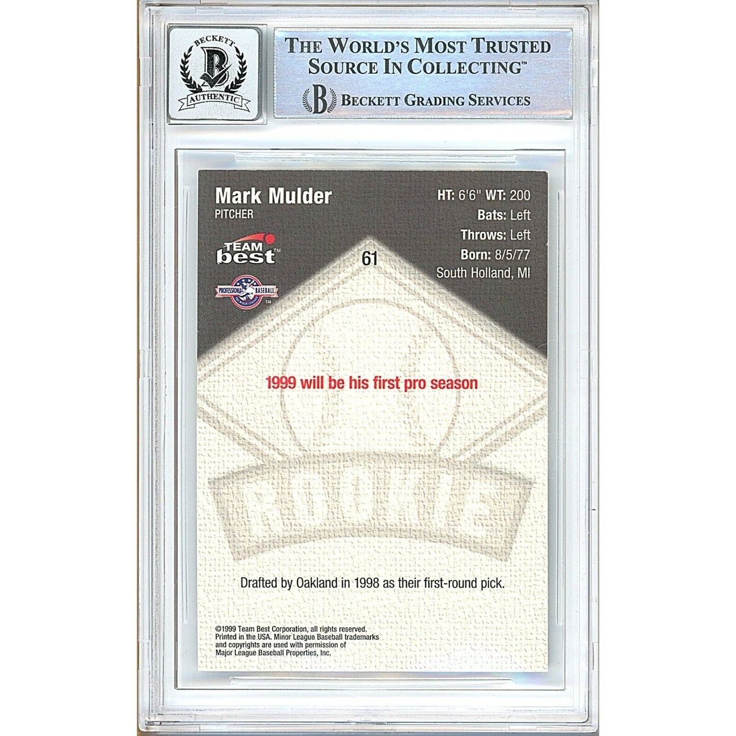 Mark Mulder Oakland Athletics Signed 1999 Team Best Card BGS Auto 10 Graded Slab RC