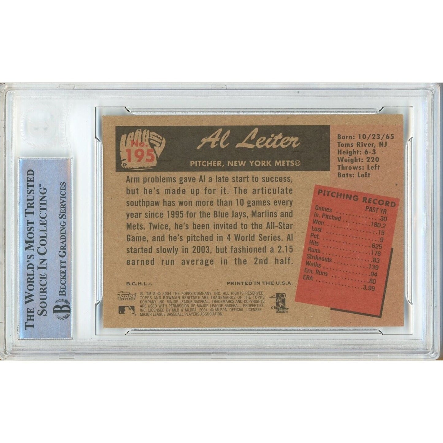 2004 Bowman Heritage #195 — Al Leiter New York Mets Autographed Trading Card — Beckett Authentication
