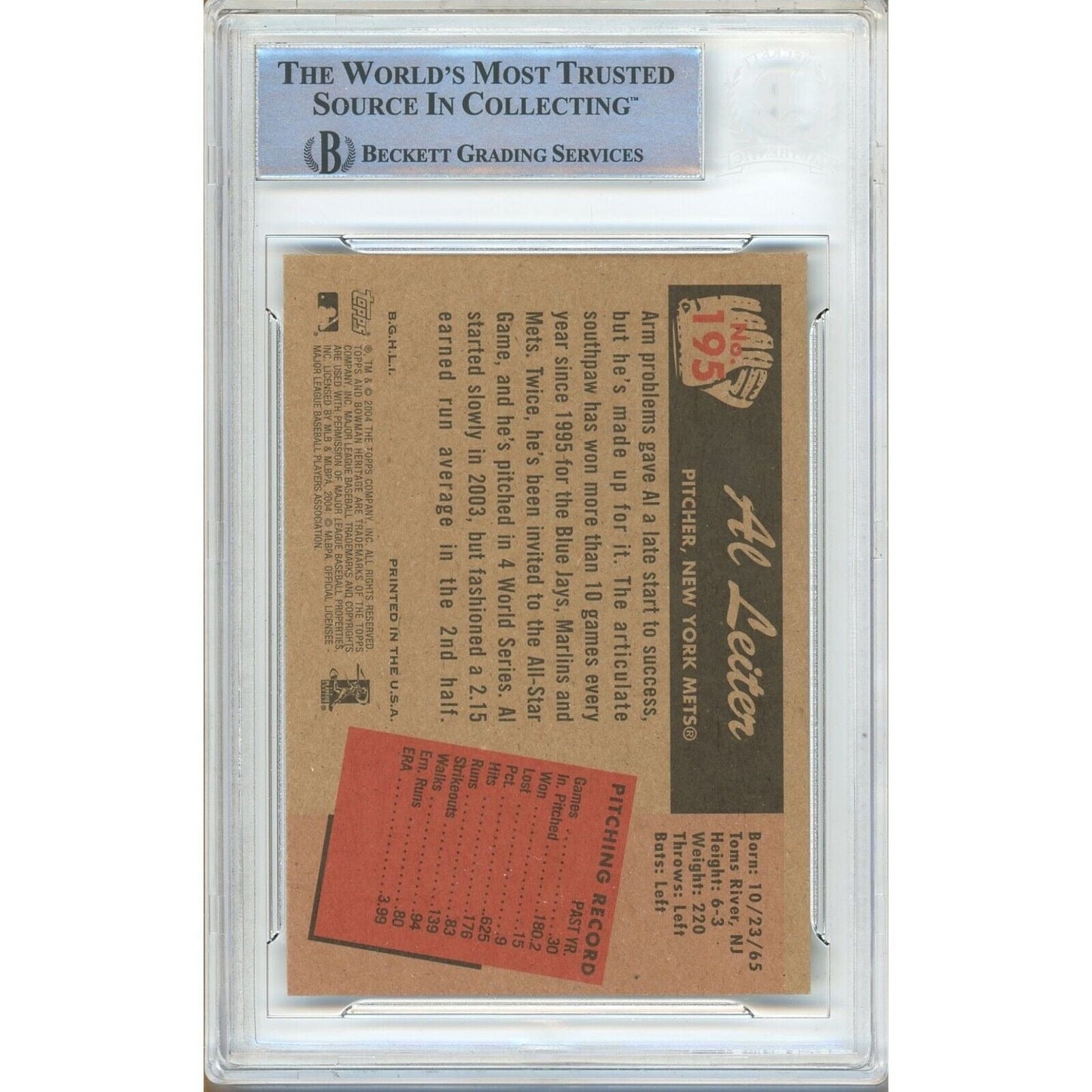 2004 Bowman Heritage #195 — Al Leiter New York Mets Autographed Trading Card — Beckett Authentication