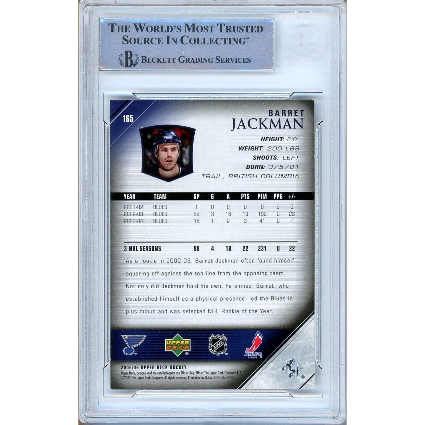 2005-06 Upper Deck #165 — Barret Jackman St. Louis Blues Autographed Trading Card — Beckett Authentication