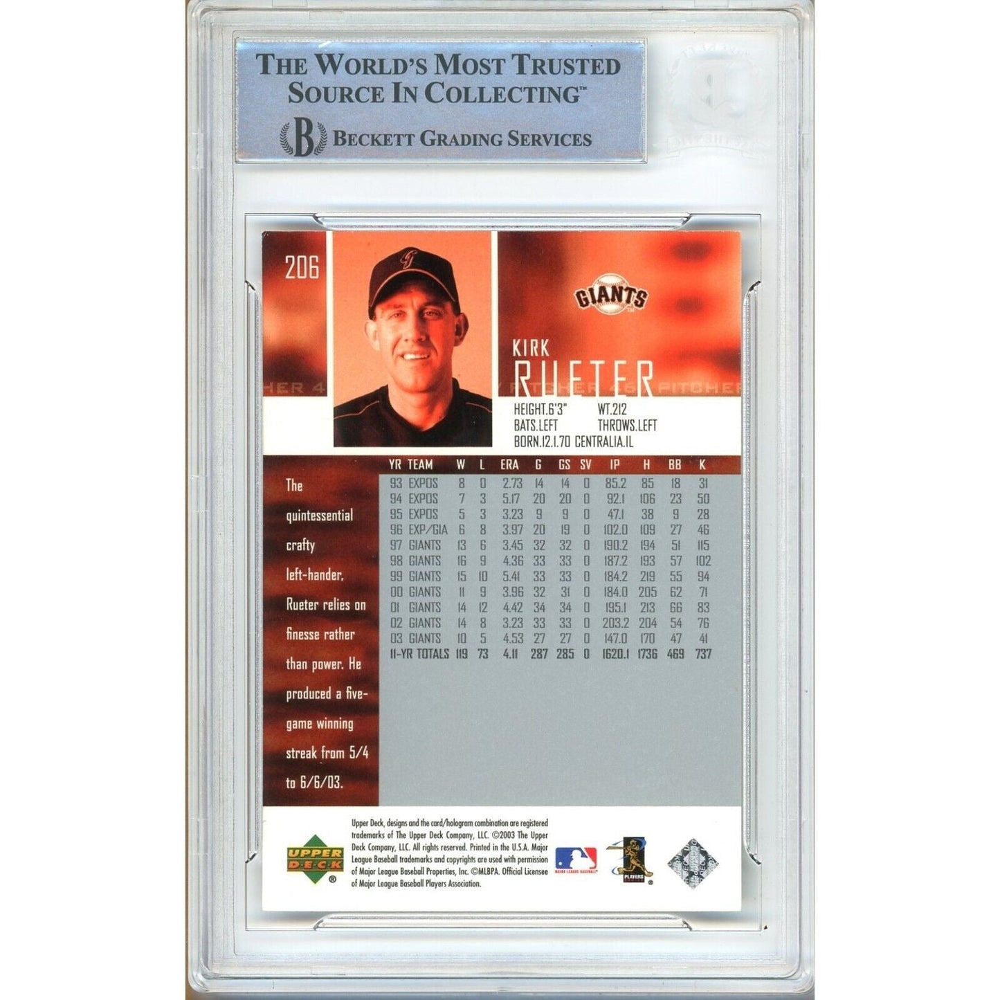 2004 Upper Deck #206 — Kirk Rueter San Francisco Giants Autographed Trading Card — Beckett Authentication