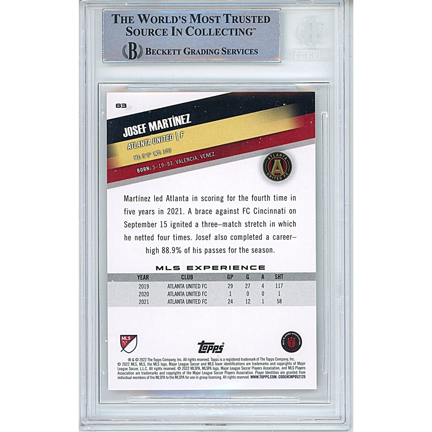 2022 Topps MLS #83— Josef Martinez Atlanta United Autographed Trading Card — Beckett Authentication