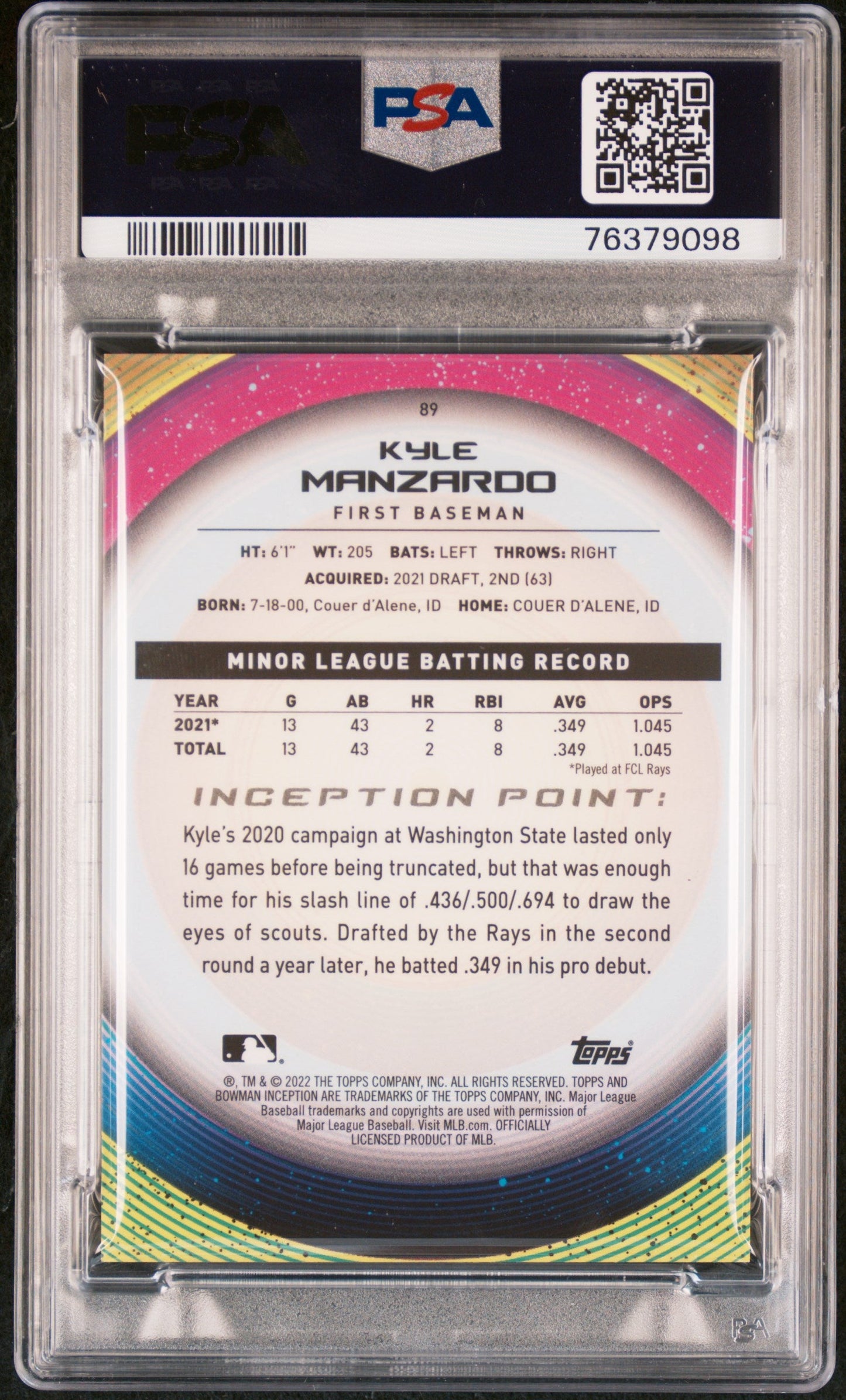 Graded 2022 Topps Bowman Inception Kyle Manzardo #89 Gold Foil Pattern II #/50 Rookie RC Baseball Card PSA 10 Gem Mint