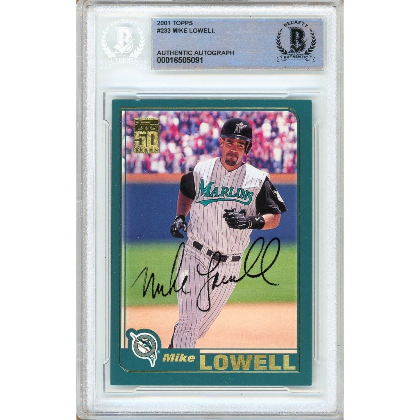 Mike Lowell Florida Marlins Signed 2001 Topps Baseball Card Beckett Authentic Auto Slab