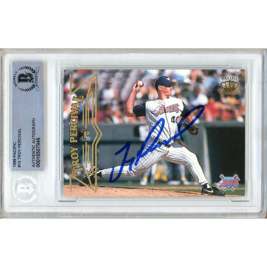 Troy Percival Anaheim Angels Signed 1998 Pacific Baseball Card Beckett Authentic Auto Slab