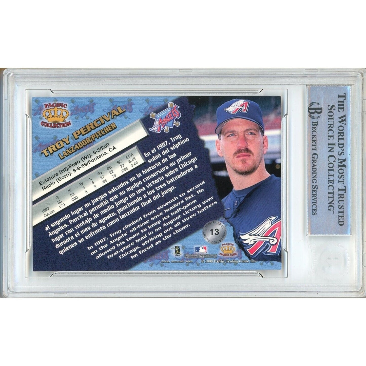 Troy Percival Anaheim Angels Signed 1998 Pacific Baseball Card Beckett Authentic Auto Slab