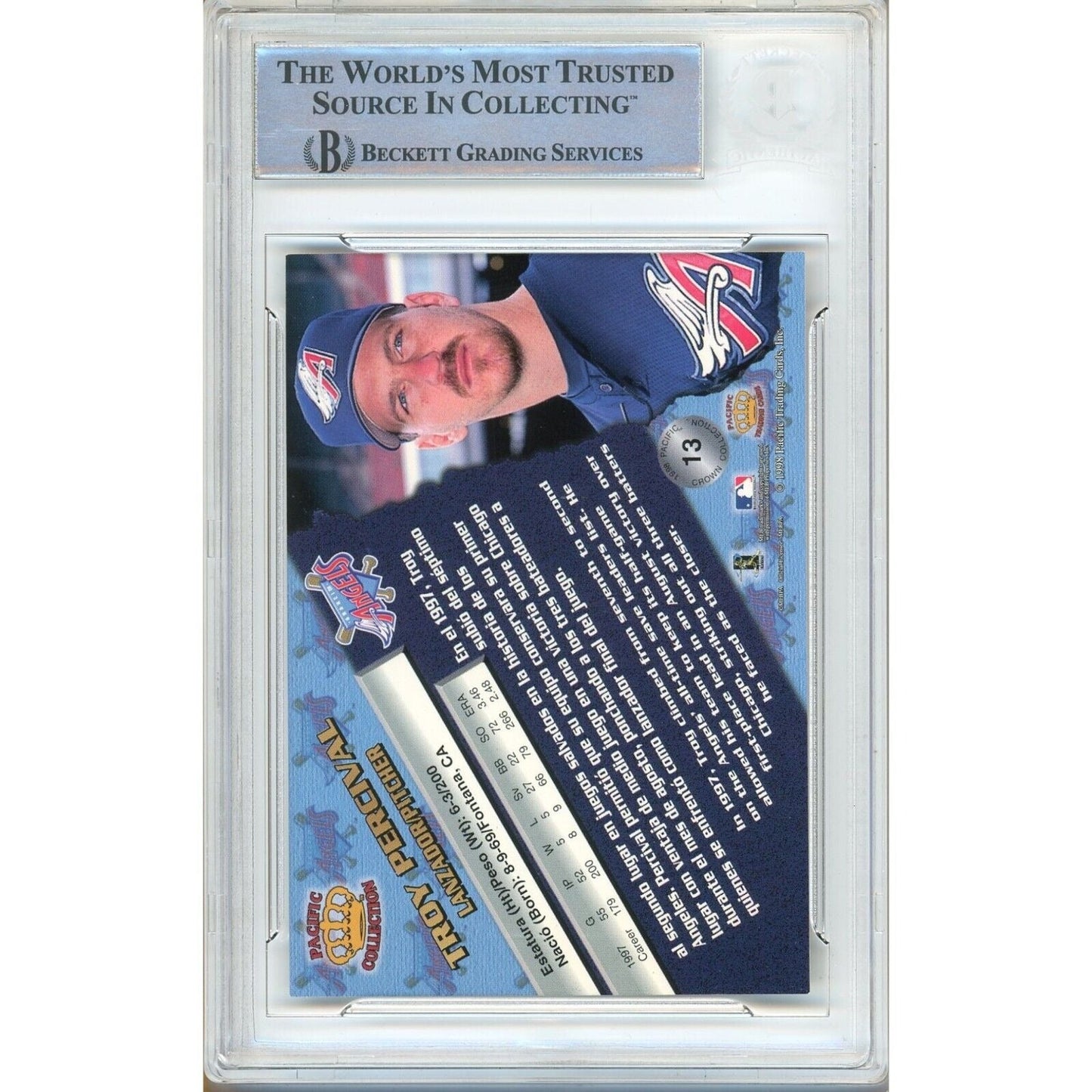 Troy Percival Anaheim Angels Signed 1998 Pacific Baseball Card Beckett Authentic Auto Slab