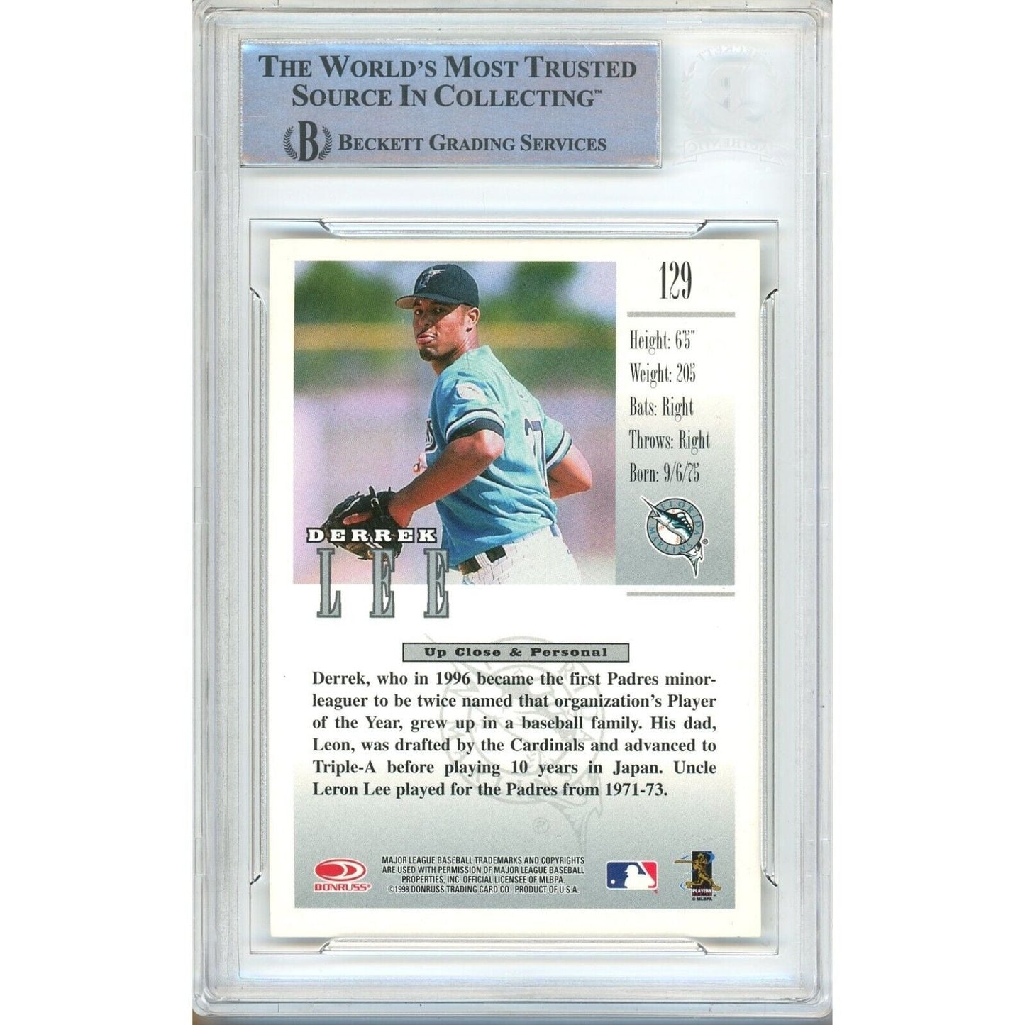 1998 Donruss Studio #116 — Derrek Lee Miami Marlins Autographed Trading Card — Beckett Authentication