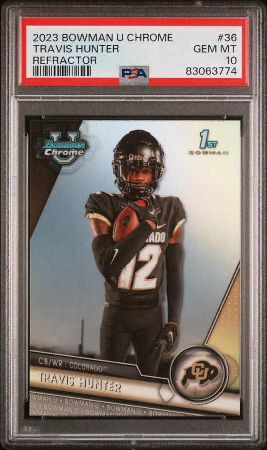 Graded 2023 Topps Bowman U Chrome Travis Hunter #36 Refractor Rookie RC Football Card PSA 10 Gem Mint