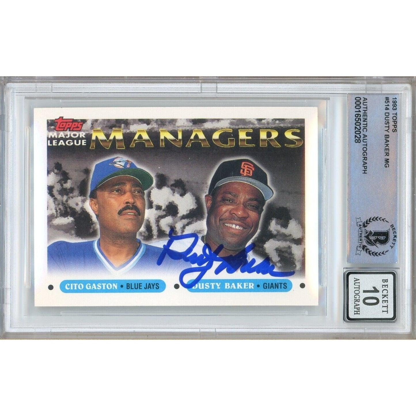 1993 Topps #514 — Dusty Baker San Francisco Giants Autographed Trading Card — Beckett Authentication