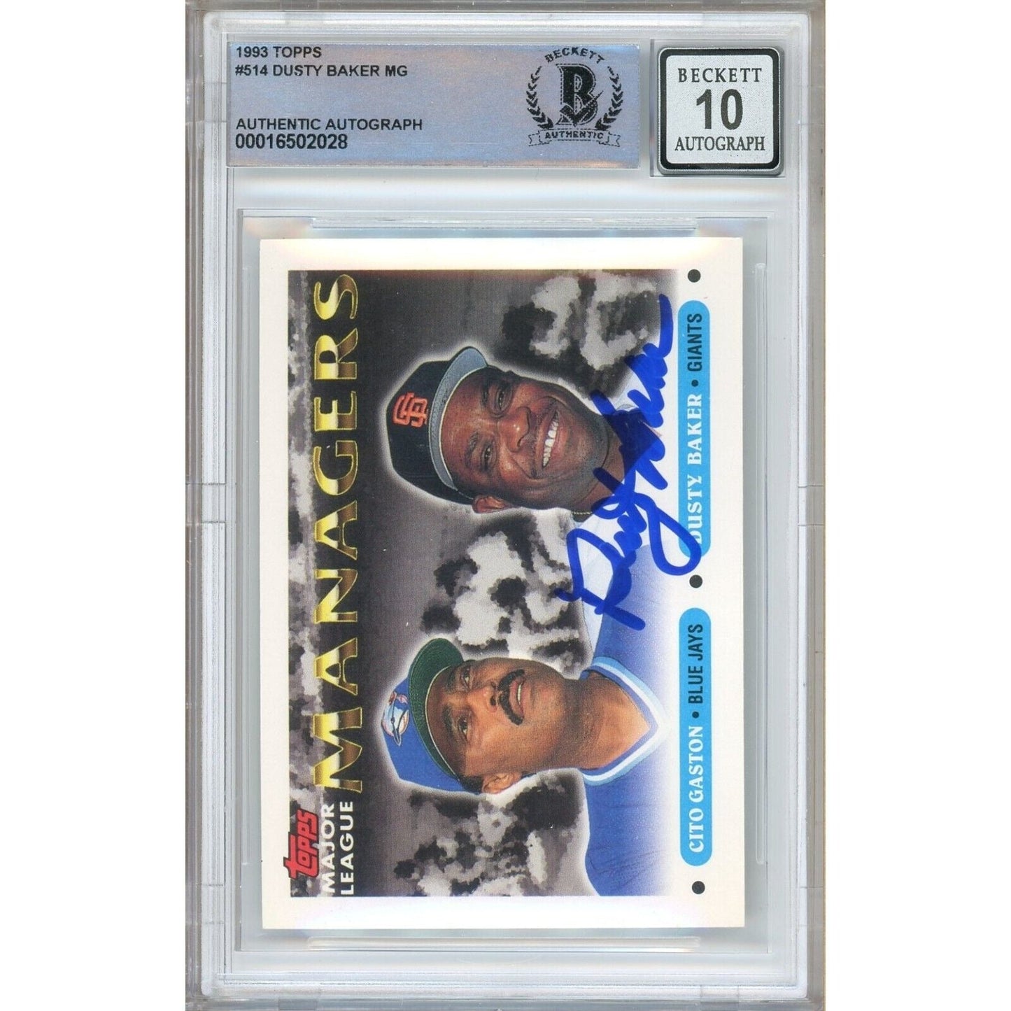 1993 Topps #514 — Dusty Baker San Francisco Giants Autographed Trading Card — Beckett Authentication