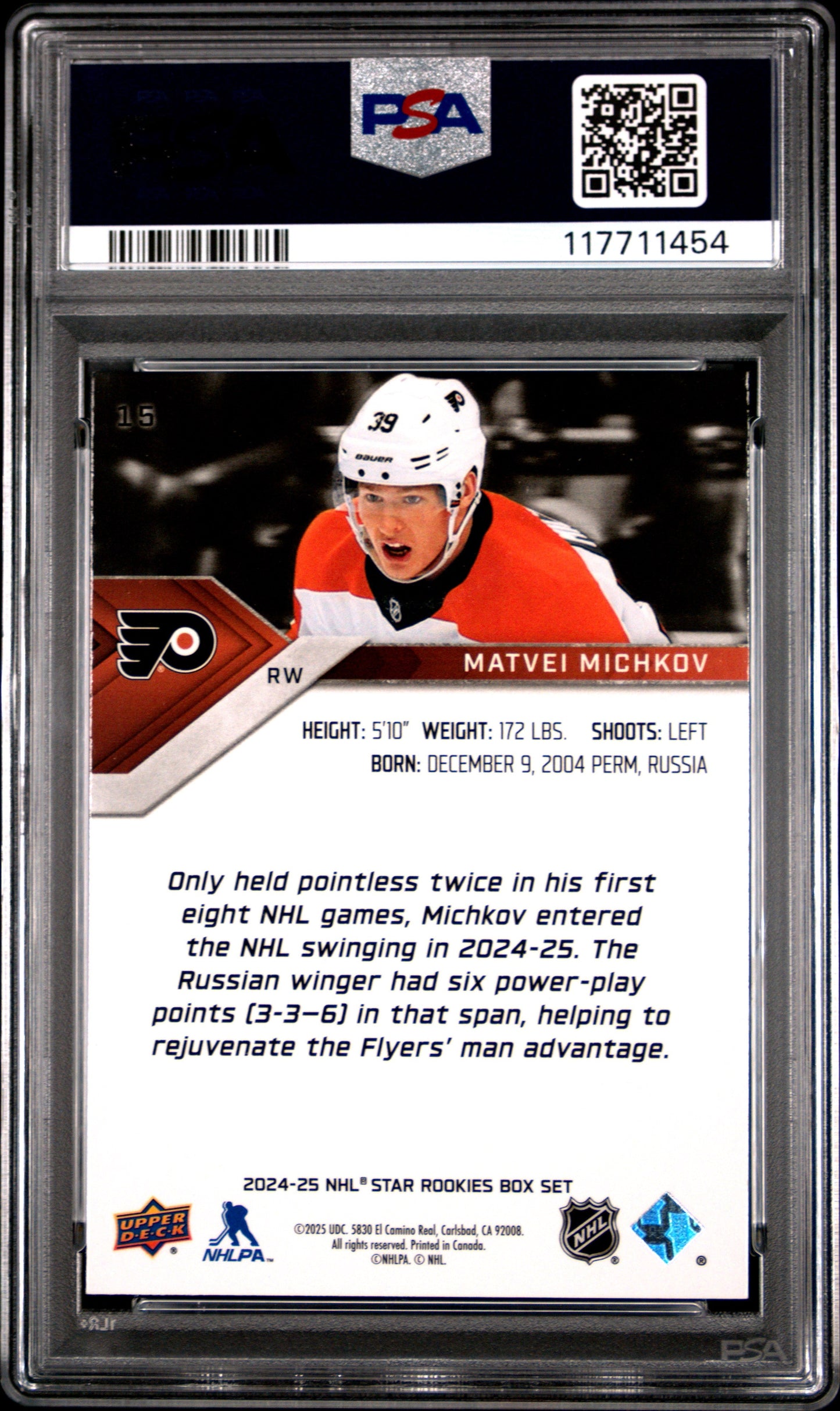 Graded 2024 Upper Deck Star Rookie Matvei Michkov #15 Box Set Rookie RC Hockey Card PSA 9 Mint