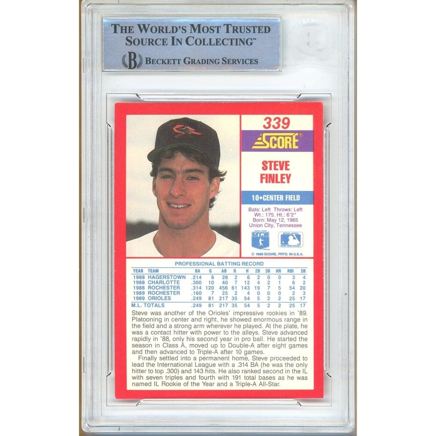 Steve Finley Baltimore Orioles Signed 1990 Score Baseball Card Beckett Authentic Auto Slab