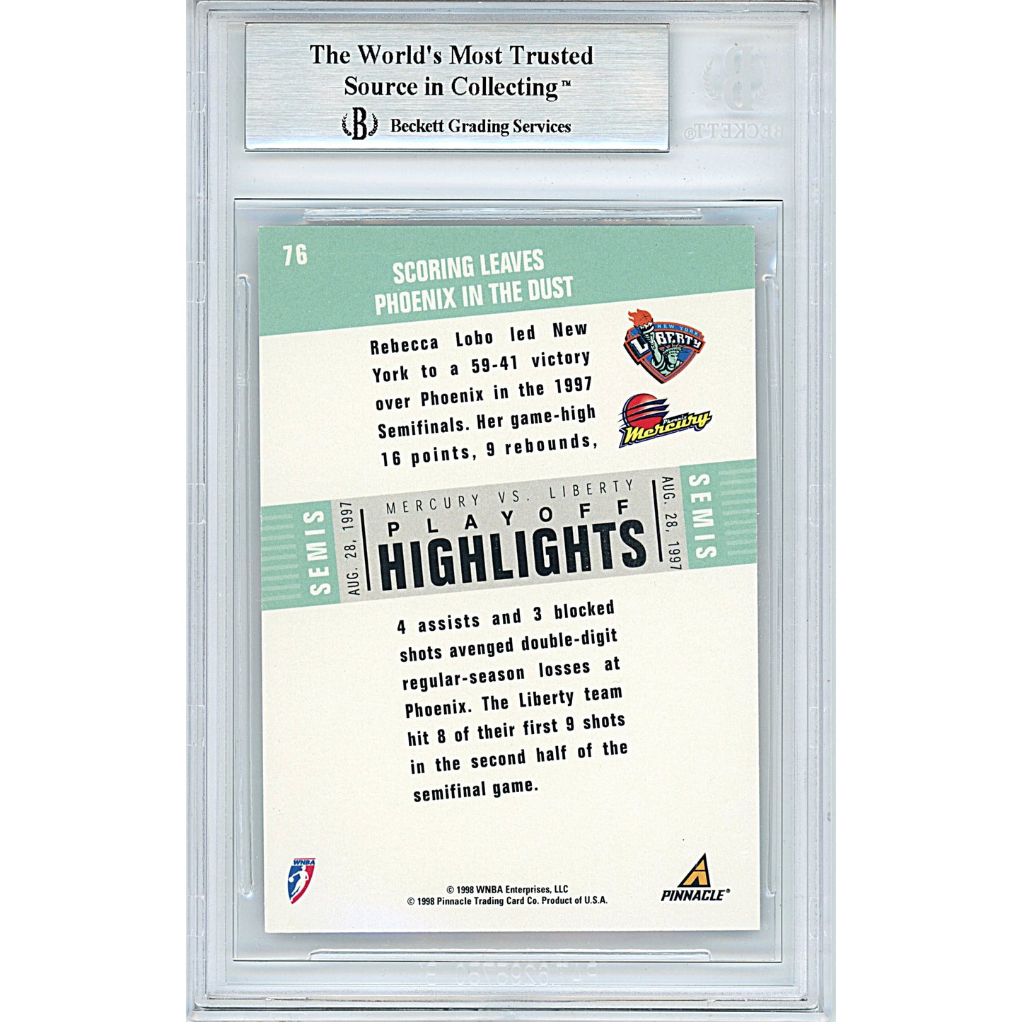 Rebecca Lobo Signed New York Liberty 1998 Pinnacle WNBA Basketball Card Beckett Slab