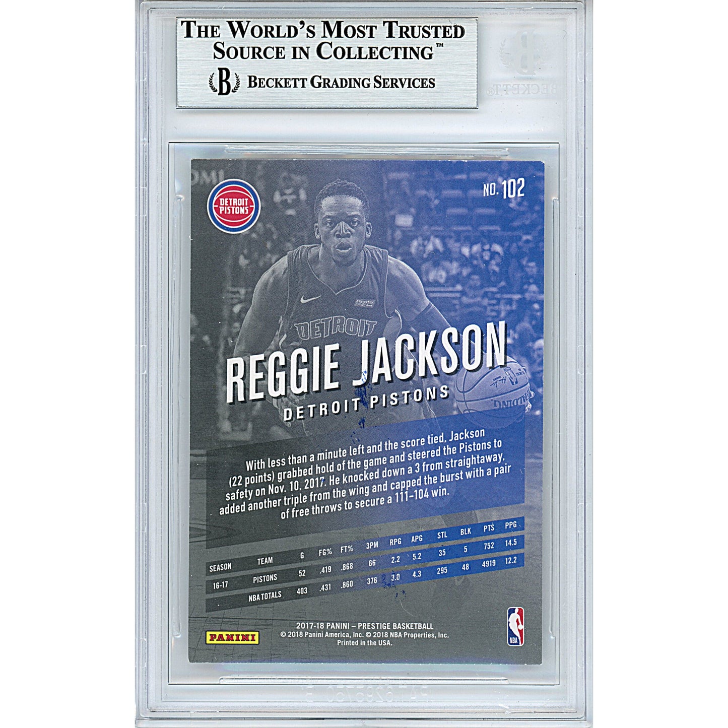 Reggie Jackson Signed Detroit Pistons 2017-18 Panini Prestige Basketball Card Beckett