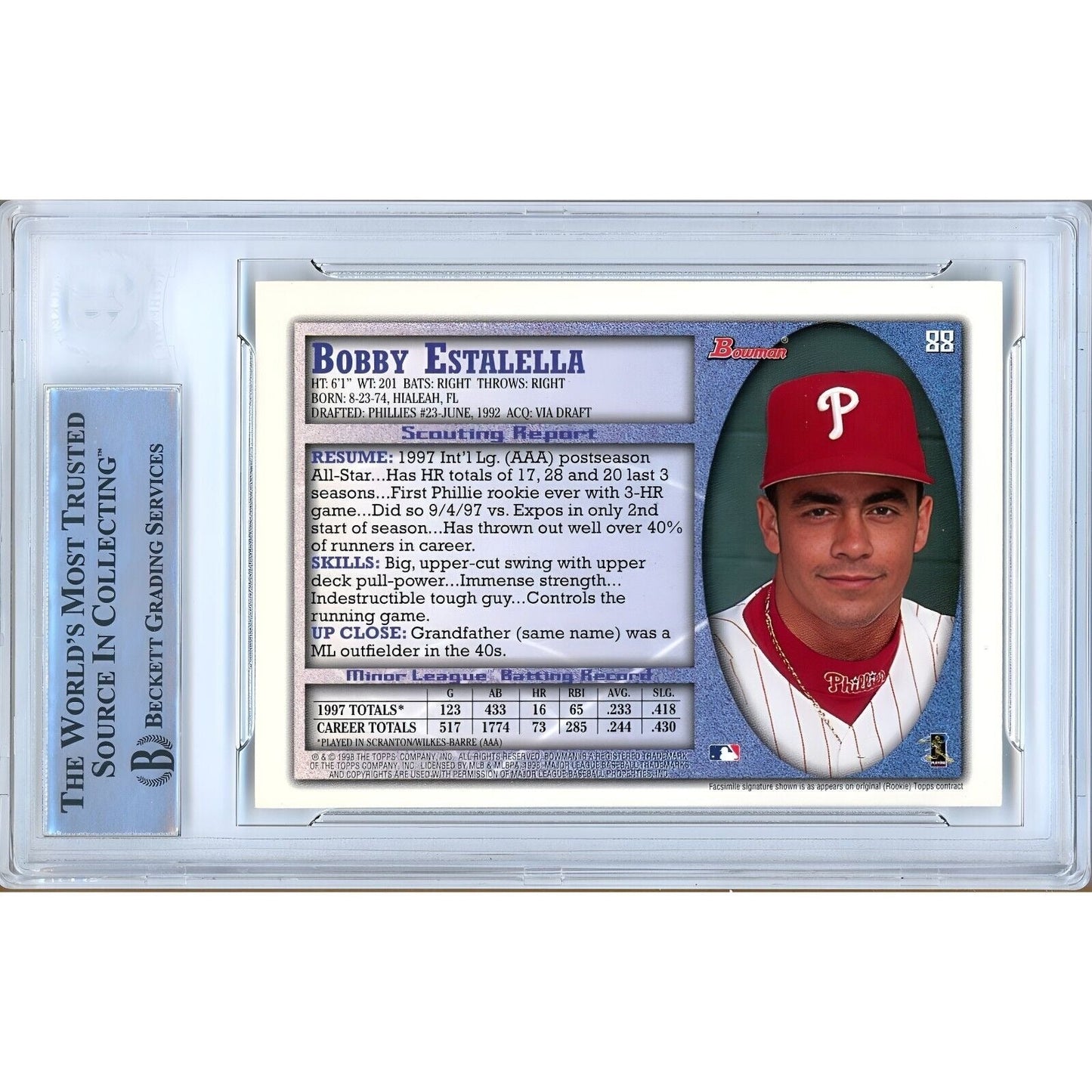1998 Bowman #88 — Bobby Estalella Phillies Autographed Trading Card — Beckett Authentication