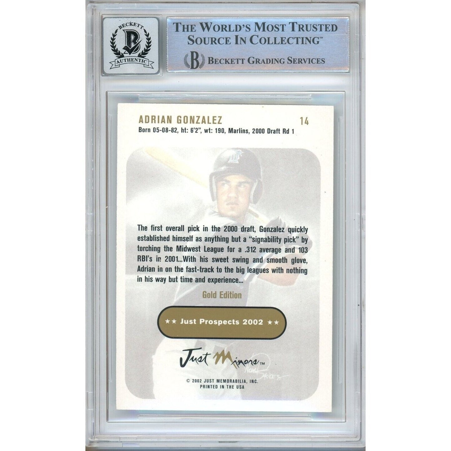 2002 Just Prospects #4 — Adrian Gonzalez Miami Marlins Autographed Trading Card — Beckett Authentication