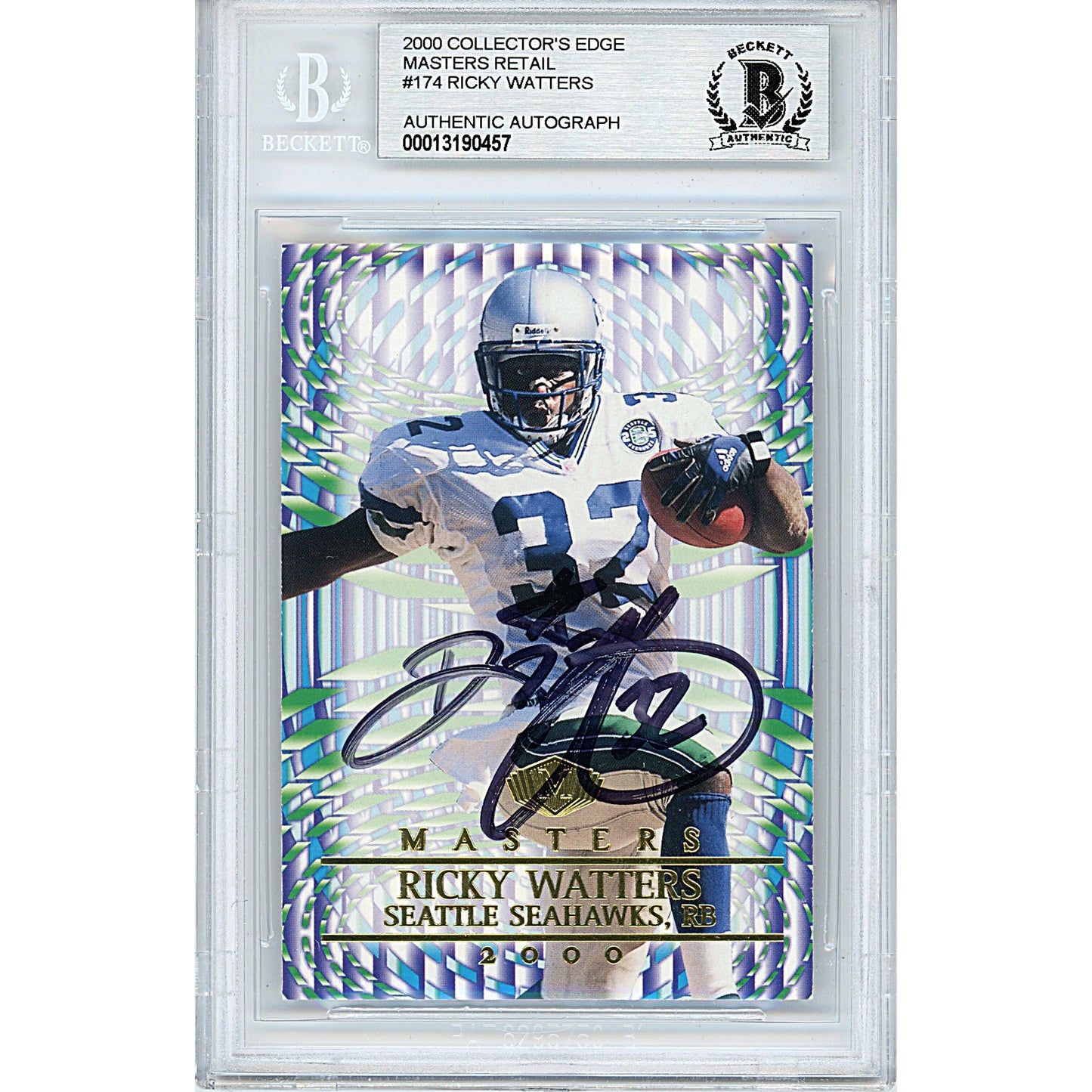 Ricky Watters Signed Seattle Seahawks 2000 Collectors Edge Masters Football Card Beckett Slab