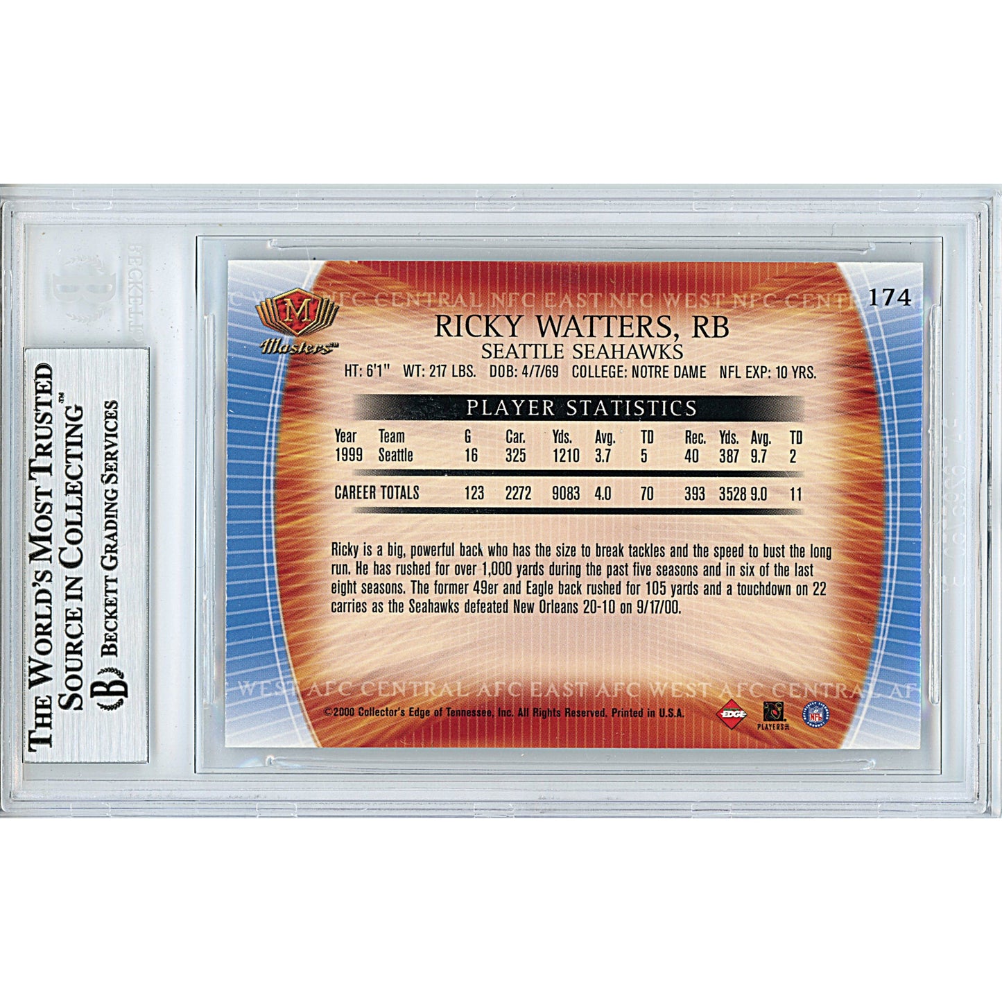 Ricky Watters Signed Seattle Seahawks 2000 Collectors Edge Masters Football Card Beckett Slab