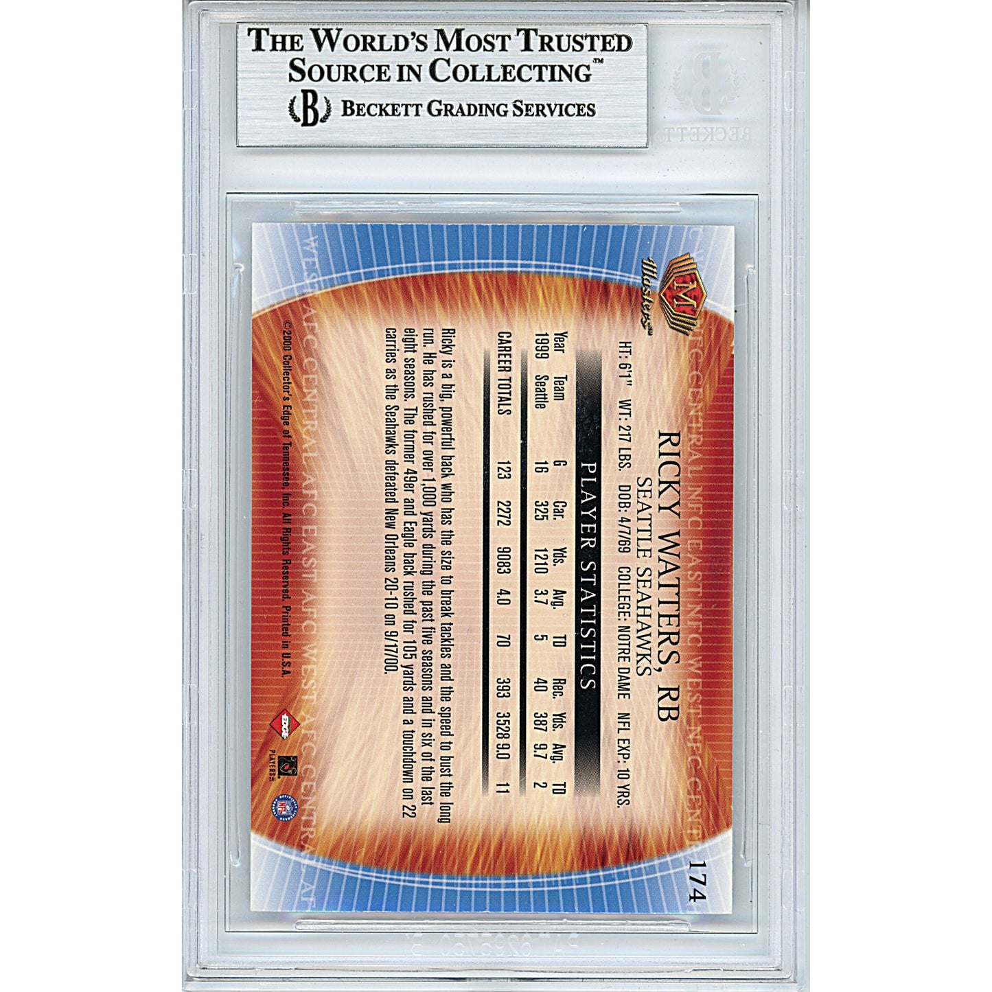 Ricky Watters Signed Seattle Seahawks 2000 Collectors Edge Masters Football Card Beckett Slab