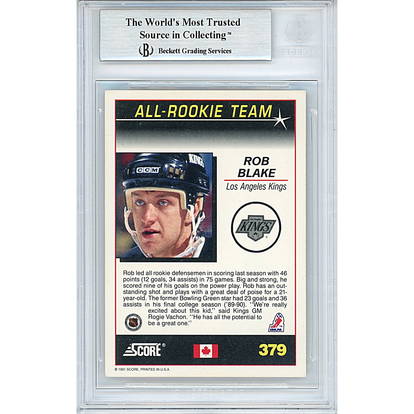 Rob Blake Signed Los Angeles Kings 1991-92 Score Hockey Card Beckett Authentic Auto Slab