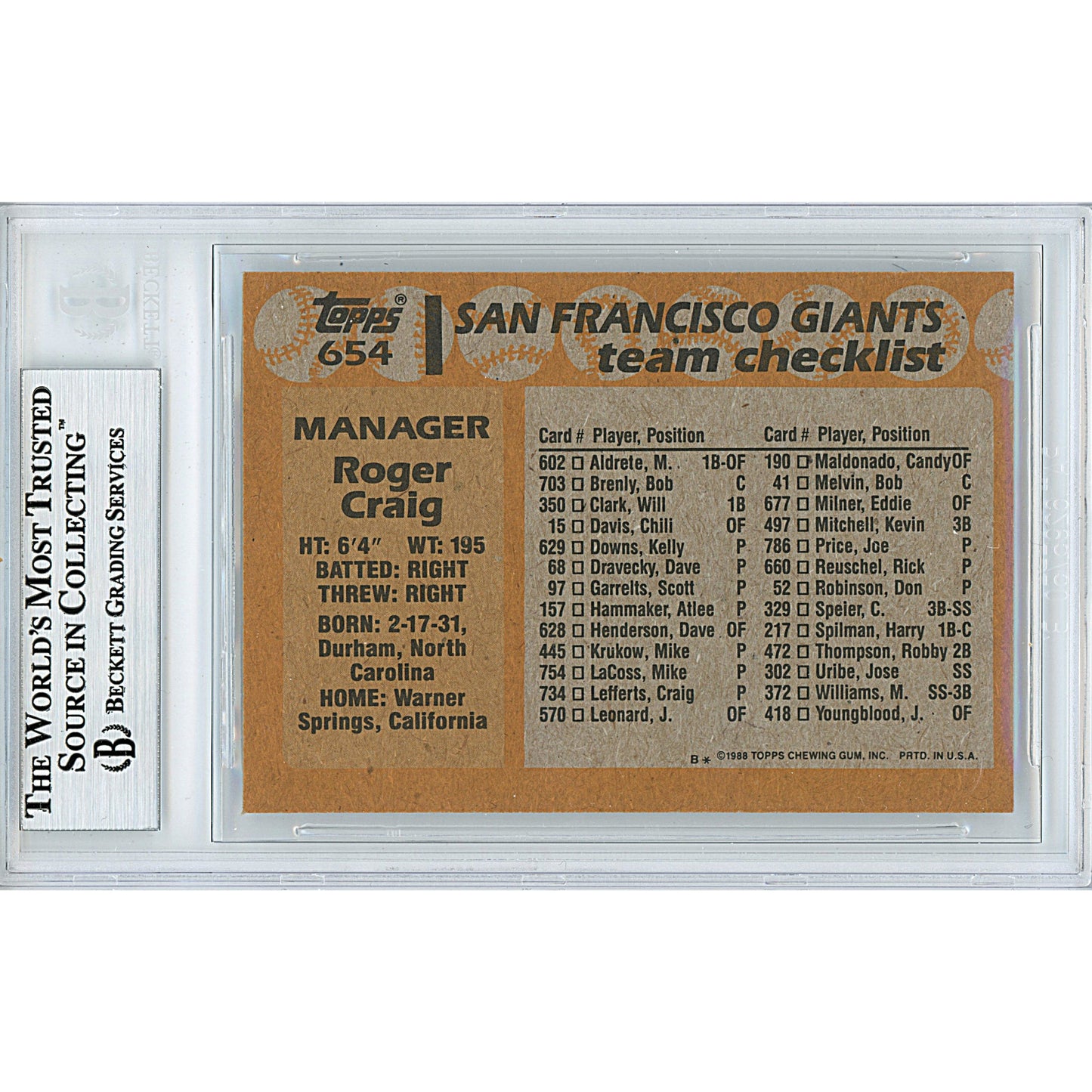 Roger Craig Signed San Francisco Giants 1988 Topps Baseball Card Beckett Auth Auto Slab