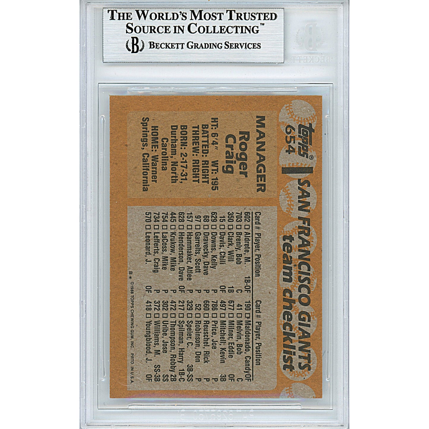 Roger Craig Signed San Francisco Giants 1988 Topps Baseball Card Beckett Auth Auto Slab