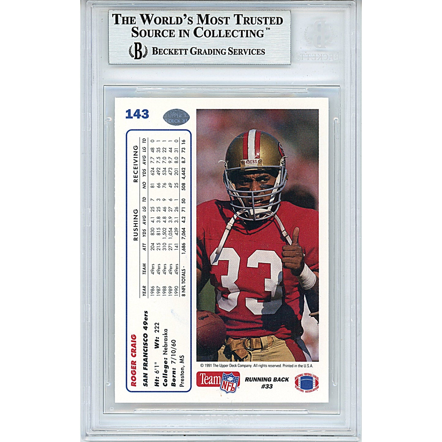 Roger Craig Signed SF 49ers 1991 Upper Deck Football Card Inscription Beckett Slabbed