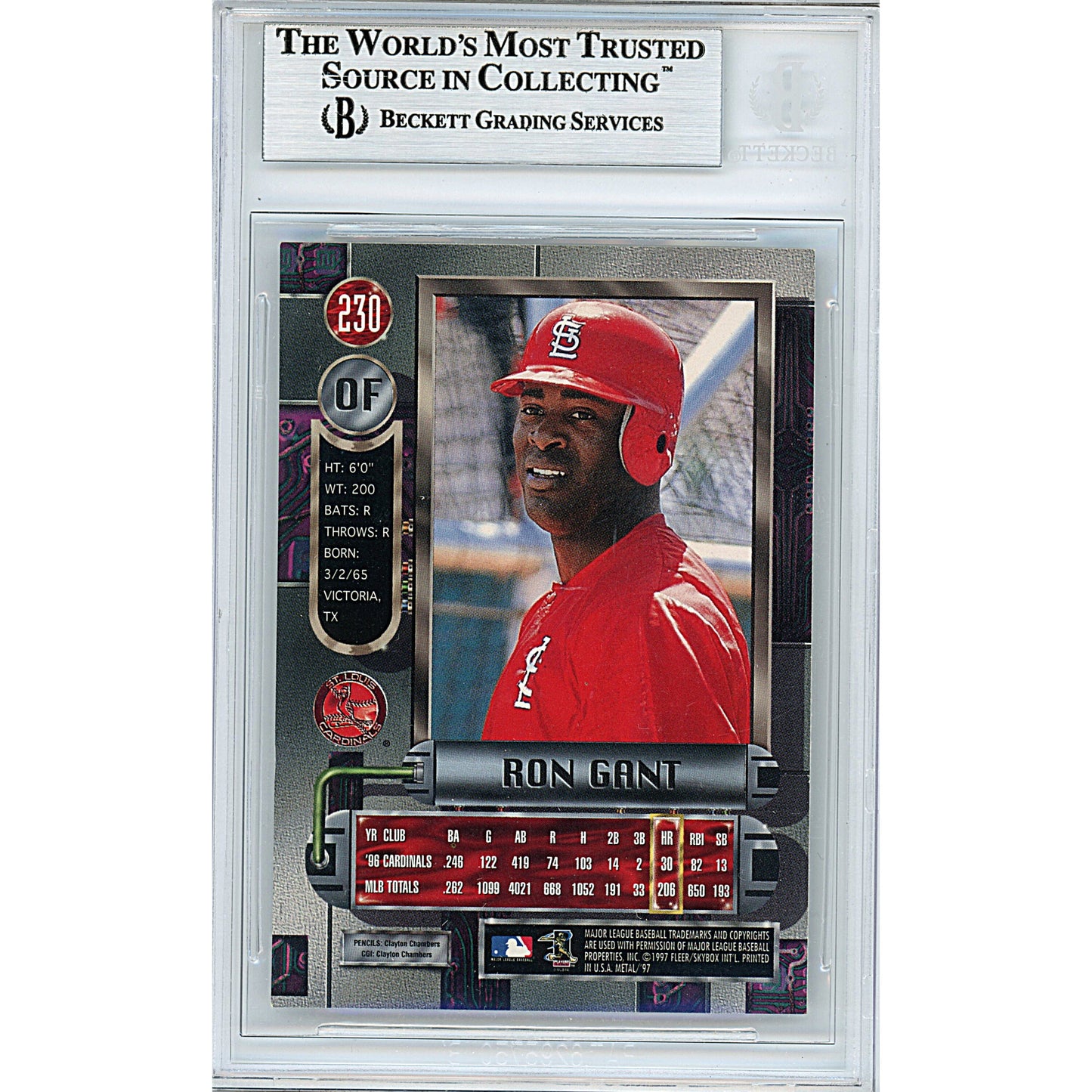 Ron Gant Signed St. Louis Cardinals 1997 Metal Universe Baseball Card Beckett Auto Slab