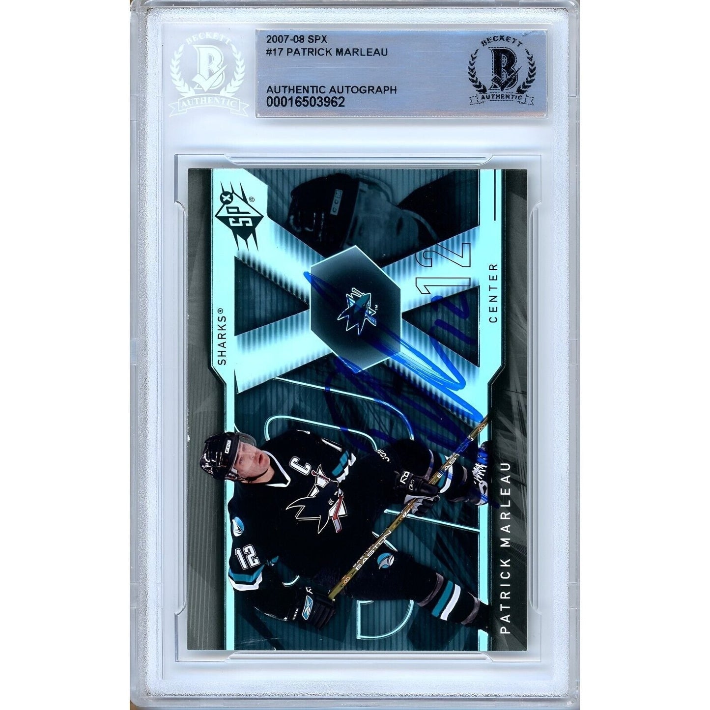 Patrick Marleau San Jose Sharks Signed 2007-08 UD SPx Hockey Card BAS Auth Auto Slab