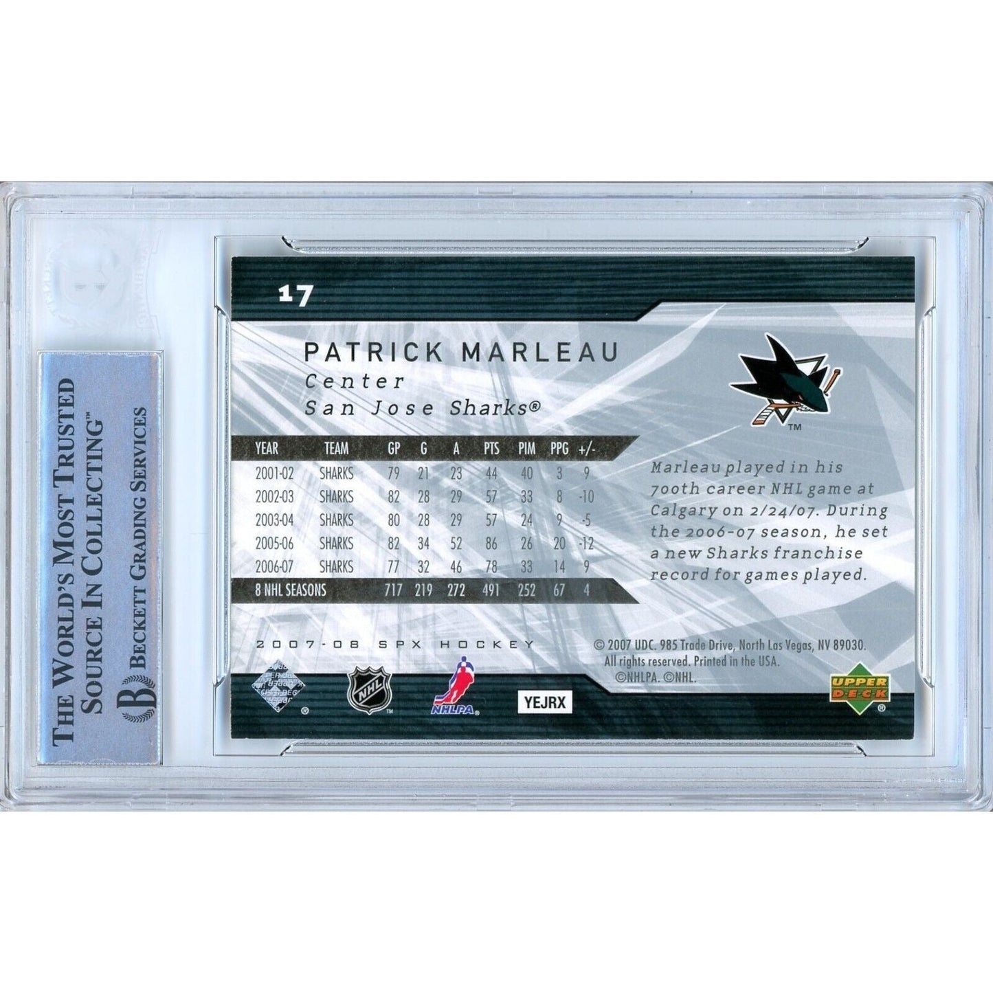 Patrick Marleau San Jose Sharks Signed 2007-08 UD SPx Hockey Card BAS Auth Auto Slab