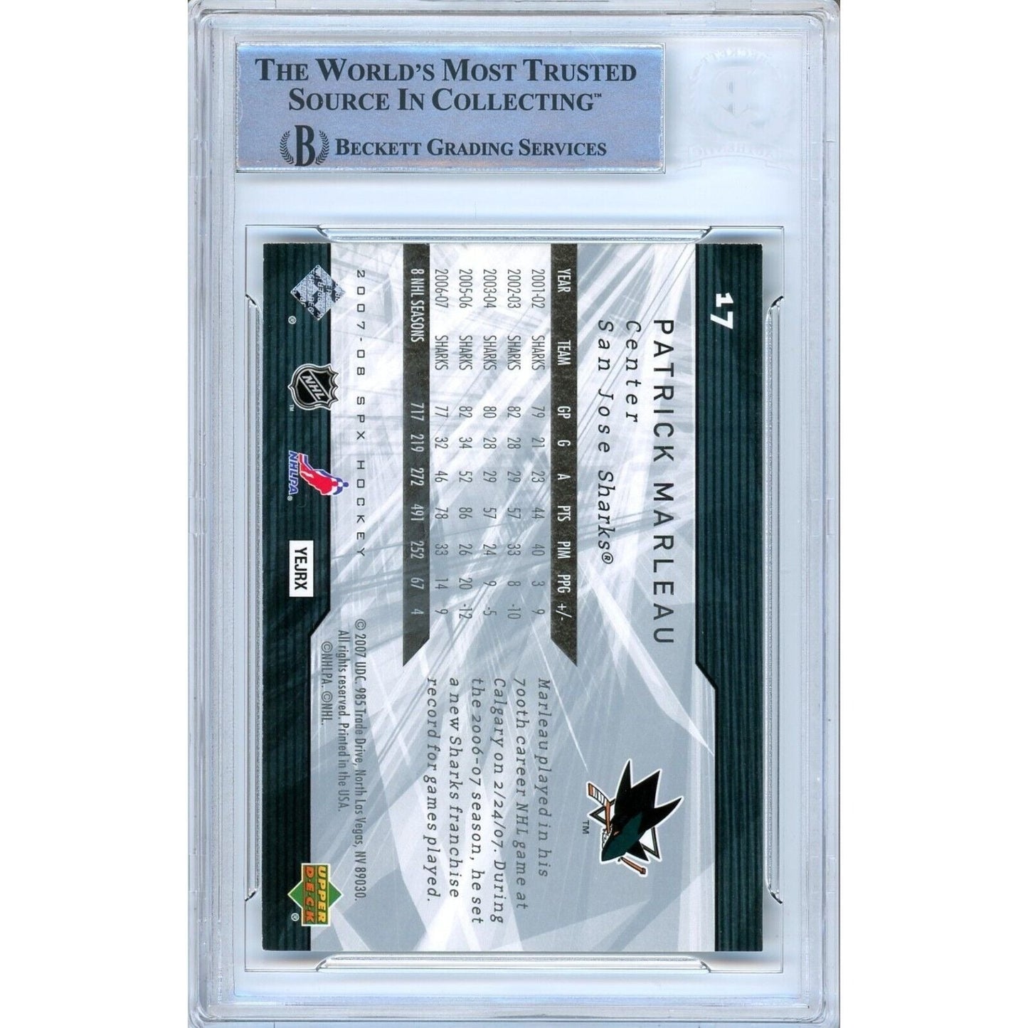 Patrick Marleau San Jose Sharks Signed 2007-08 UD SPx Hockey Card BAS Auth Auto Slab