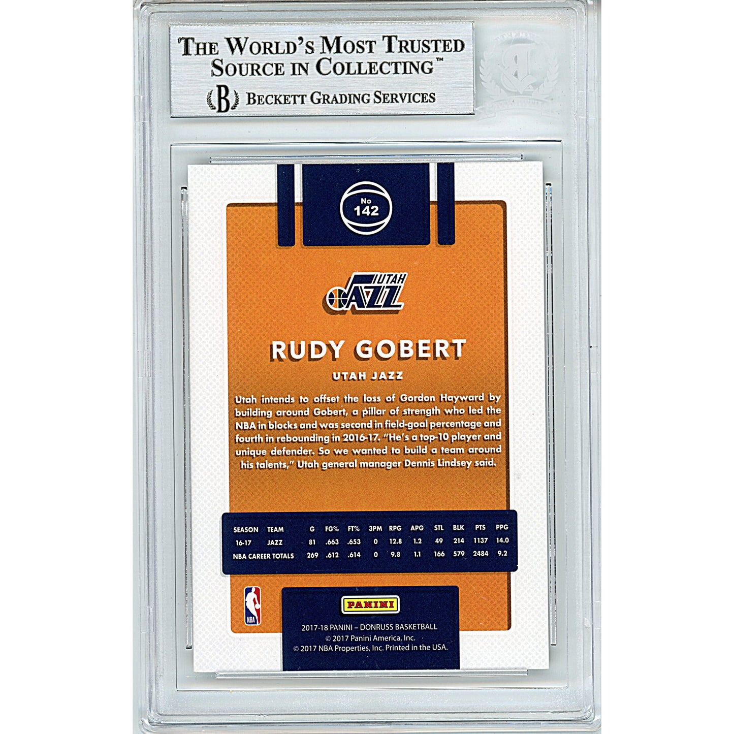 Rudy Gobert Signed Utah Jazz 2017-18 Donruss Basketball Card Beckett Authentic Auto Slab