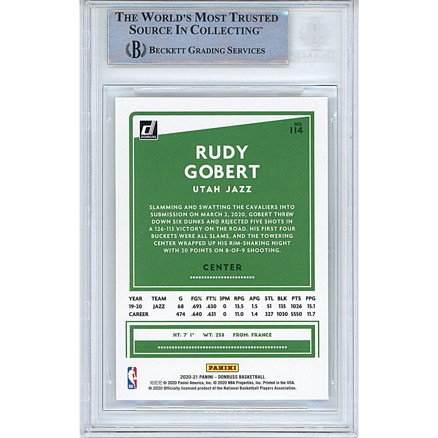 Rudy Gobert Signed Utah Jazz 2020-2021 Donruss Basketball Trading Card Beckett Slab