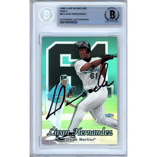 1999 Flair Showcase Row 2 #83 — Livan Hernandez Miami Marlins Autographed Trading Card — Beckett Authentication