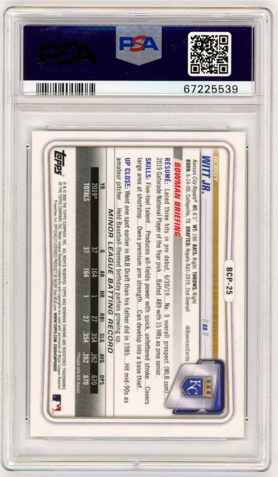 Graded 2020 Topps Bowman Chrome Bobby Witt Jr. #BCP25 Prospects Rookie RC Baseball Card PSA 10 Gem Mint