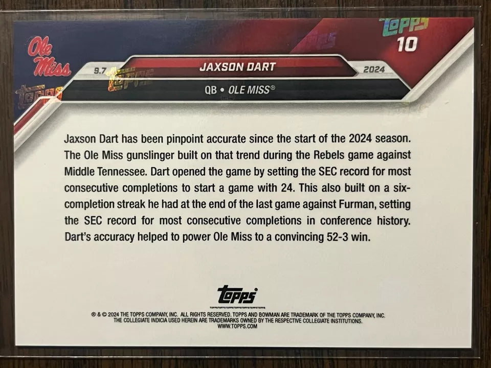 2024 Topps Bowman U Now Jaxson Dart #10 Purple #/25 Ole Miss Rebels Football Card
