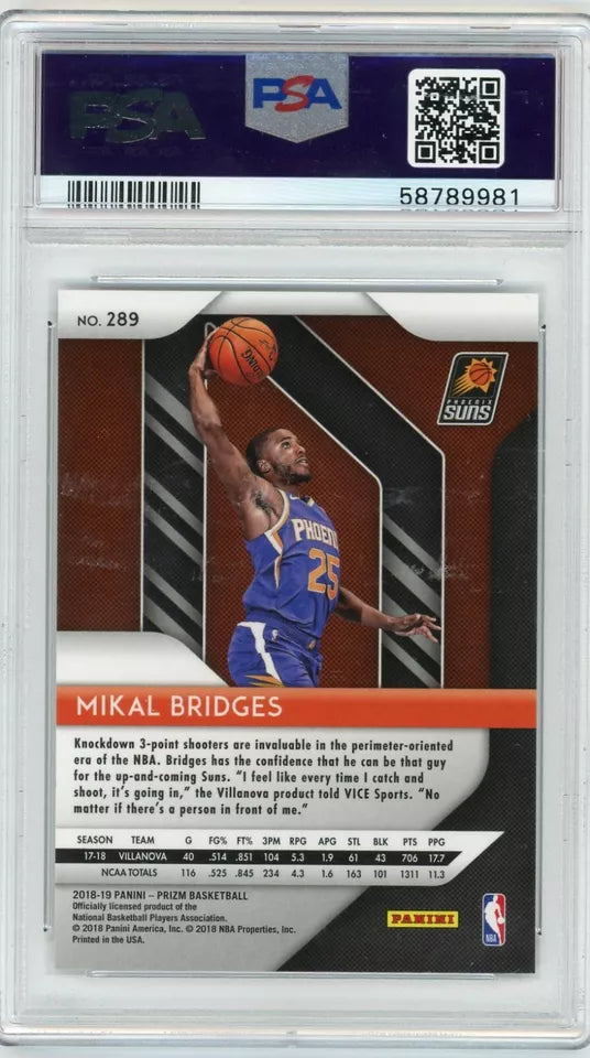 Graded 2018 Panini Prizm Mikal Bridges #289 Rookie RC Basketball Card PSA 10 Gem Mint - Sport Cards