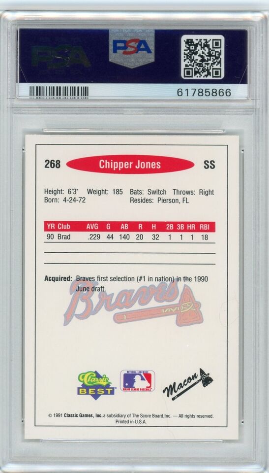 Graded 1991 Classic Best Chipper Jones #268 Rookie RC Baseball Card PSA 10 Gem Mint