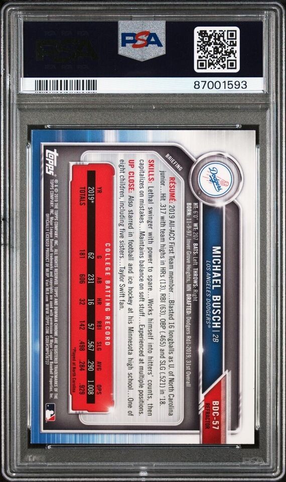 Graded 2019 Topps Bowman Draft Michael Busch #BDC57 Chrome Refractor Rookie RC Baseball Card PSA 10 Gem Mint