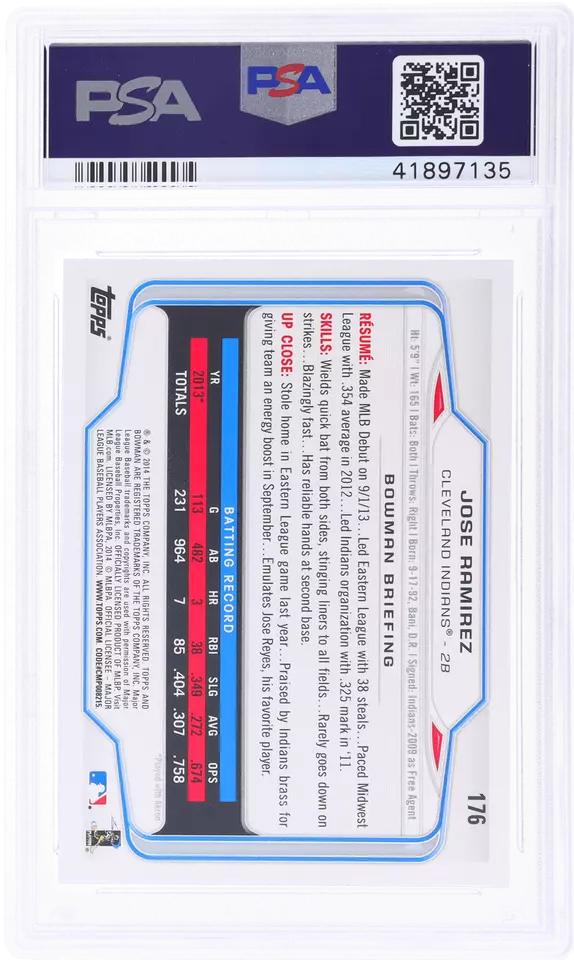 Graded 2014 Topps Bowman Jose Ramirez #176 Rookie RC Baseball Card PSA 10 Gem
