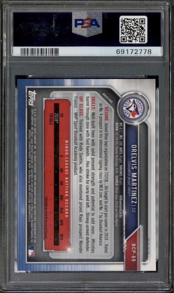 Graded 2019 Topps Bowman Orelvis Martinez #69 Prospects Chrome Rookie RC Baseball Card PSA 10 Gem Mint
