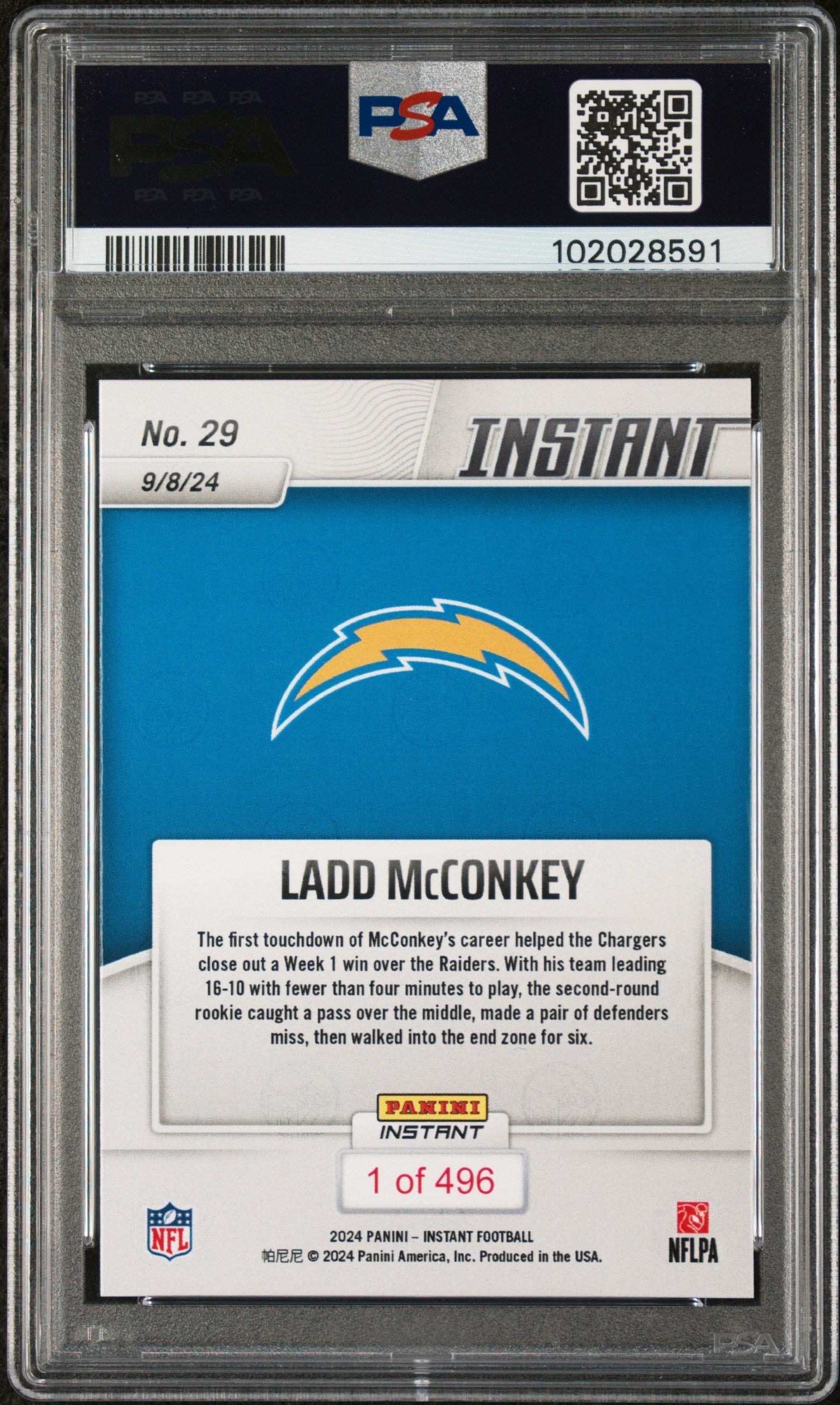 Graded 2024 Panini Instant NFL Ladd McConkey #29 Rookie RC Football Card PSA 10 Gem Mint