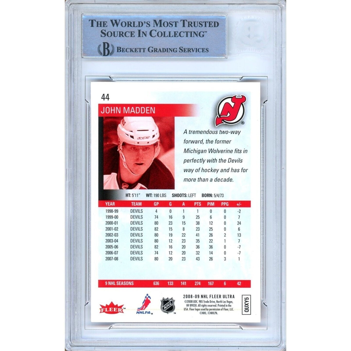 2008-09 Fleer #44 — John Madden New Jersey Devils Autographed Trading Card — Beckett Authentication
