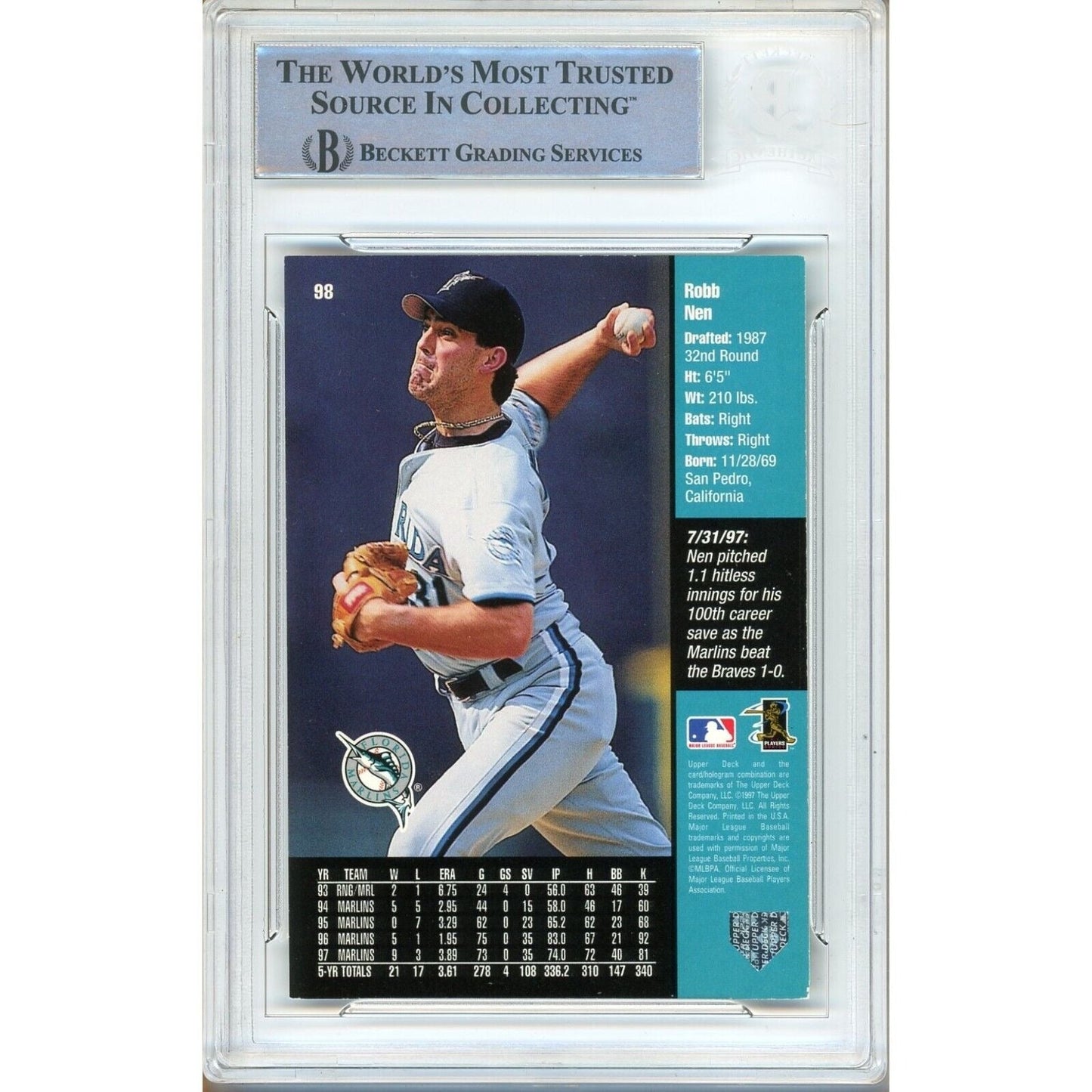 Robb Nen Florida Marlins Signed 1998 Upper Deck Baseball Card Beckett Authentic Auto Slab