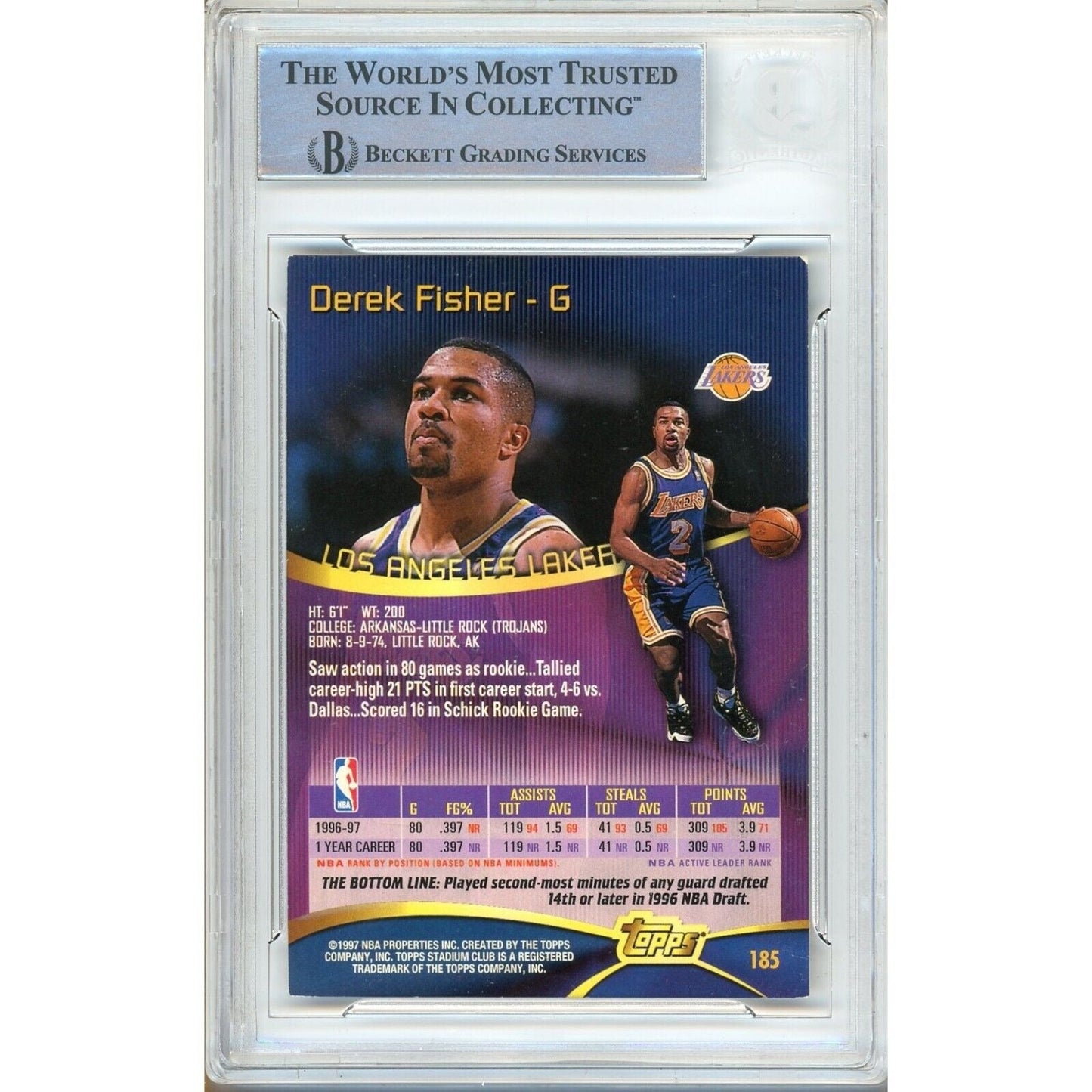 1997 Topps Stadium Club #185— Derek Fisher LA Lakers Autographed Trading Card — Beckett Authentication